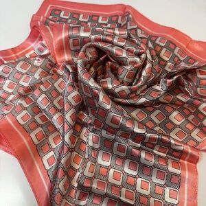 Vintage Silk Scarf 28” Coral Pink Geometric Mod Square Scarf